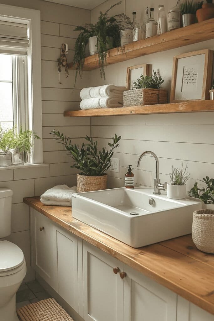 Stylish bathroom updated on a budget with new fixtures, fresh paint, and DIY shelving.