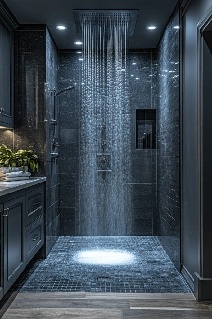 Elegant bathroom with walk-in shower, rain showerhead, and glass enclosure.