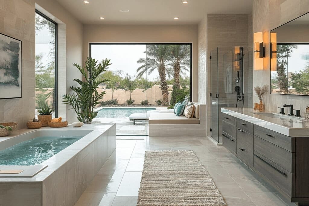 Exceptionally designed bathroom featuring a spacious layout with a freestanding tub, sleek vanity, and a walk-in shower with luxurious finishes.