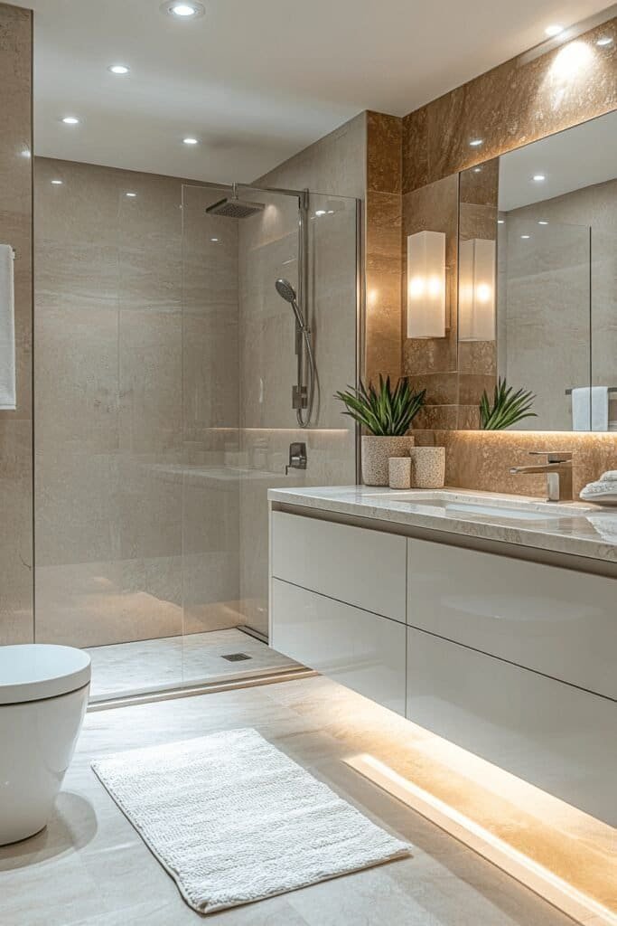 Modern bathroom fixtures and lighting featured in a sleek bathroom remodel.