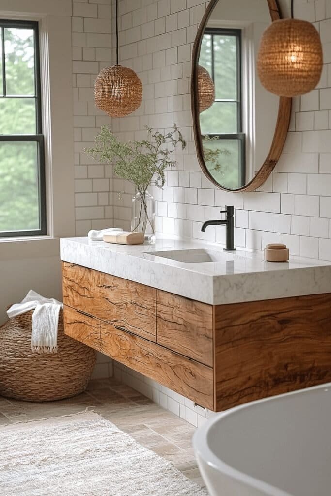 Completed bathroom remodel featuring new fixtures and modern design elements.