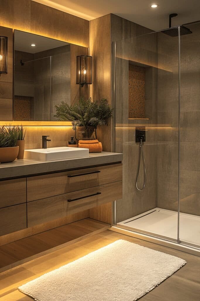 Sleek, modern bathroom with a floating vanity, frameless glass shower, and minimalist design elements.