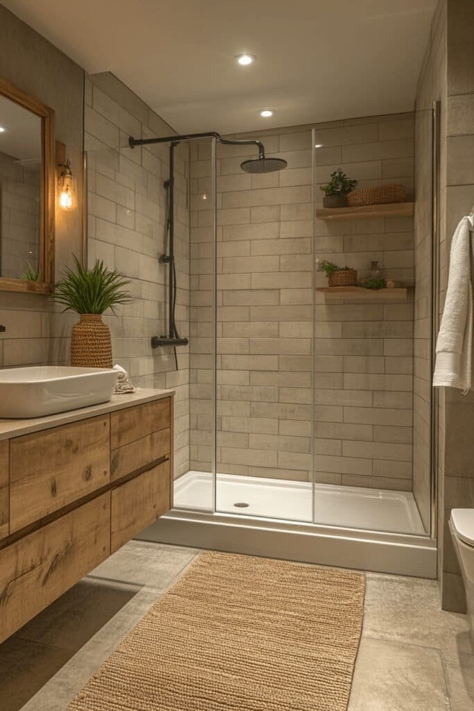 Small bathroom with walk-in shower, frameless glass doors, and wall-mounted sink.