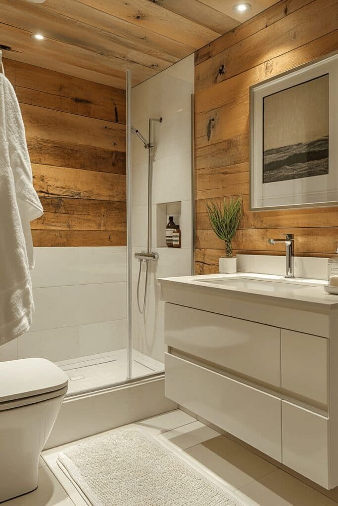 Remodeled small bathroom with optimized layout, wall-mounted sink, and vertical storage solutions.