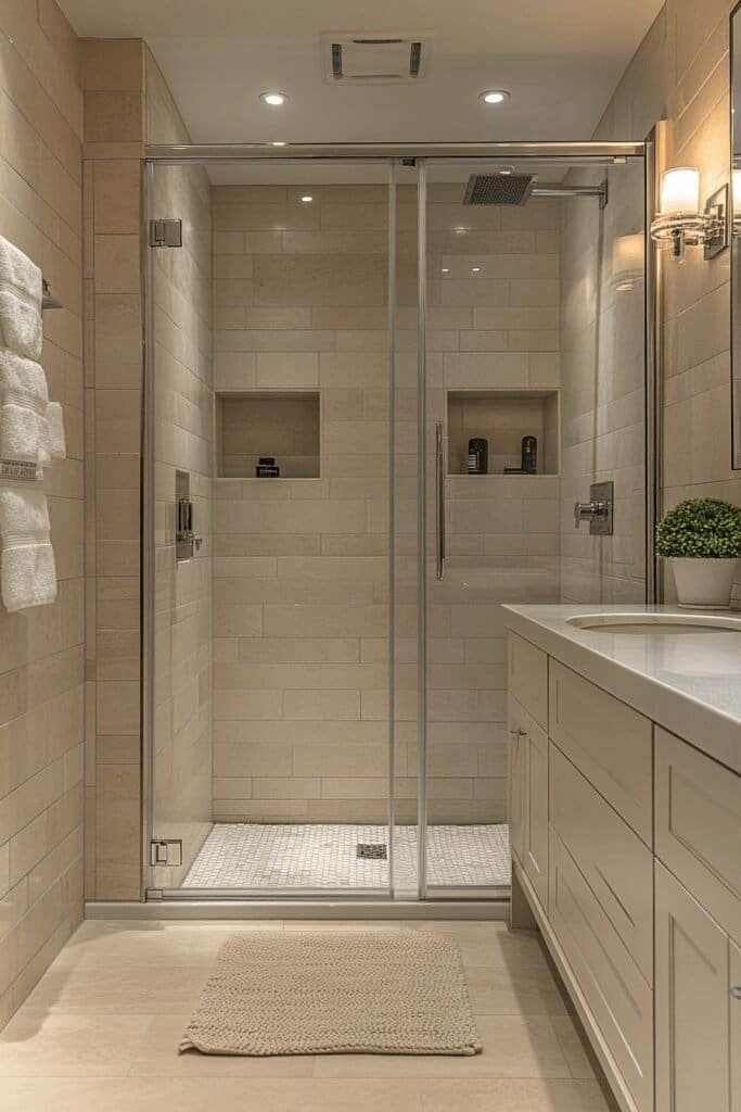 Compact bathroom with walk-in shower, frameless glass doors, and light-colored tiles to create a sense of space.