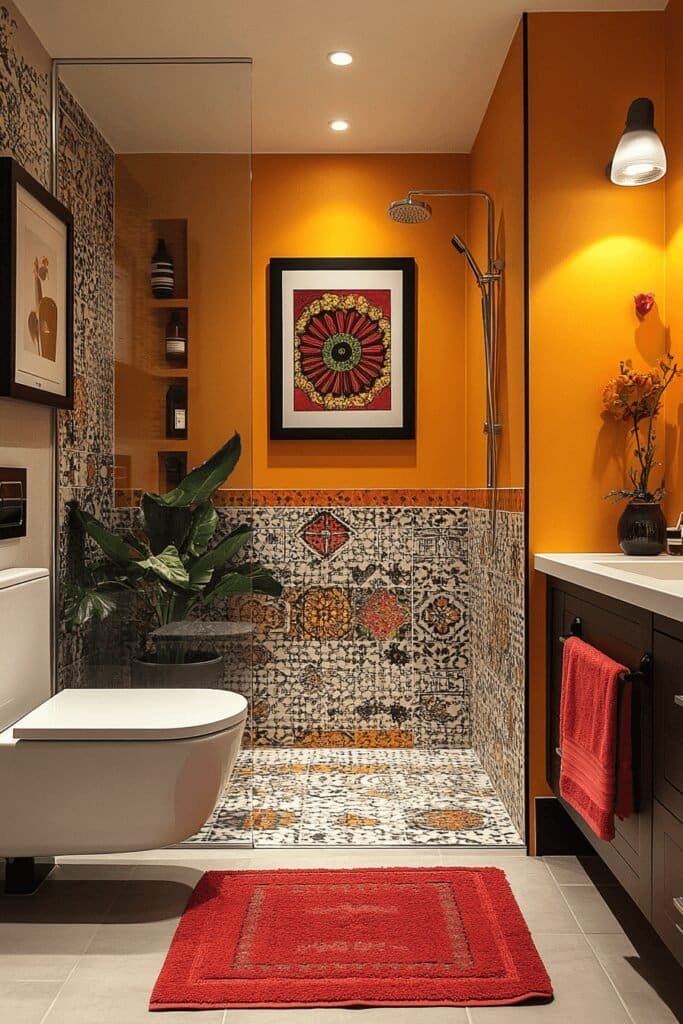 Customized bathroom with bold patterned tiles, a vibrant accent wall, and personalized decor.