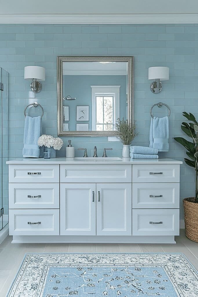 Blue bathroom themes ideas with soft blue tiles, white fixtures, and relaxing decor.