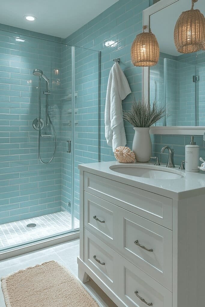 Coastal decor in a beautifully designed small bathroom, showcasing popular small bathroom themes.