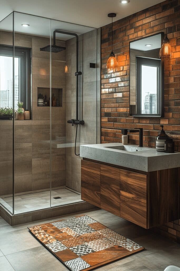 Contemporary bathroom renovation with bold tile choices and innovative design elements.