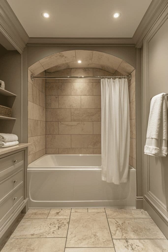 Curved shower rod with shower curtains for added space and style.