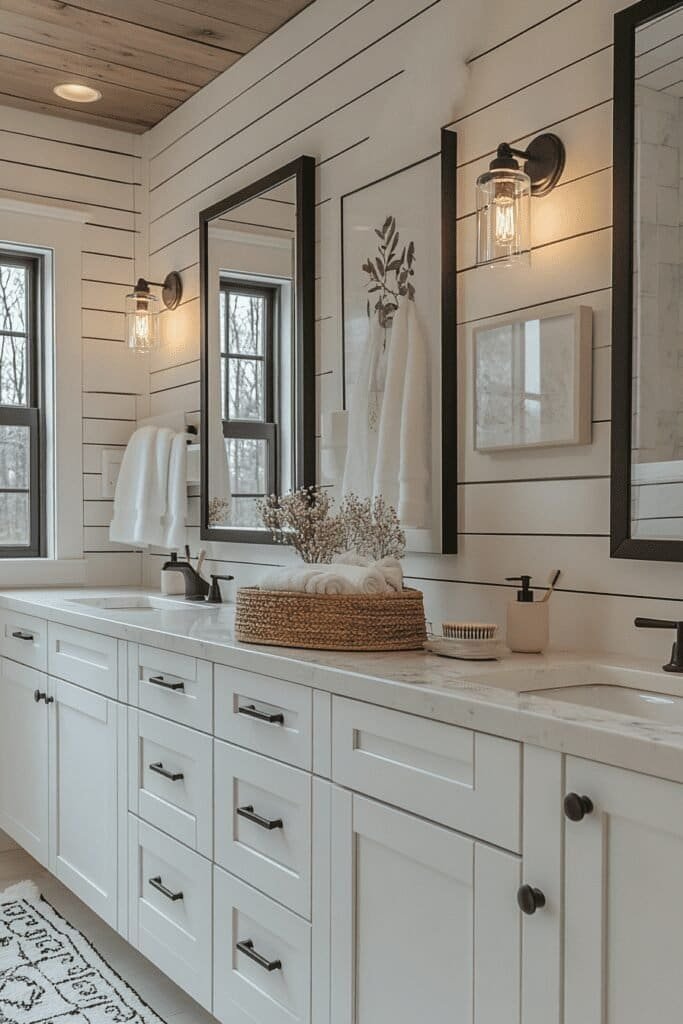 Double vanity mirrors above a double-sink vanity in a spacious bathroom.