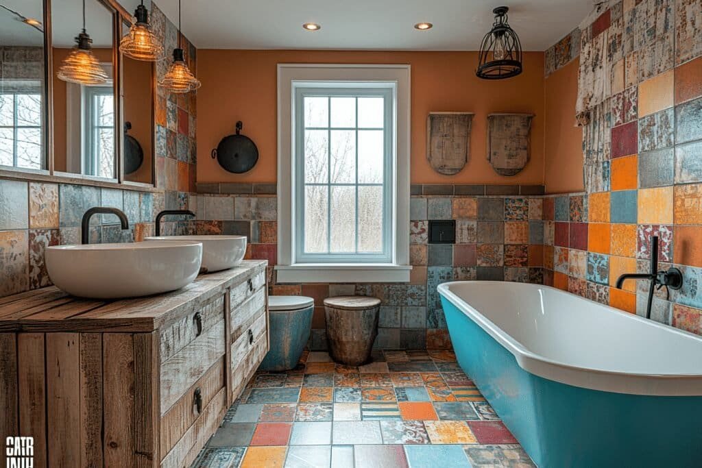 Eclectic small bathroom design with bold colors, mixed patterns, and unique decor.