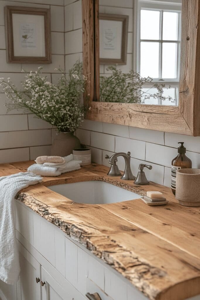 Framed wood vanity mirror adding a rustic touch to a farmhouse-style bathroom.