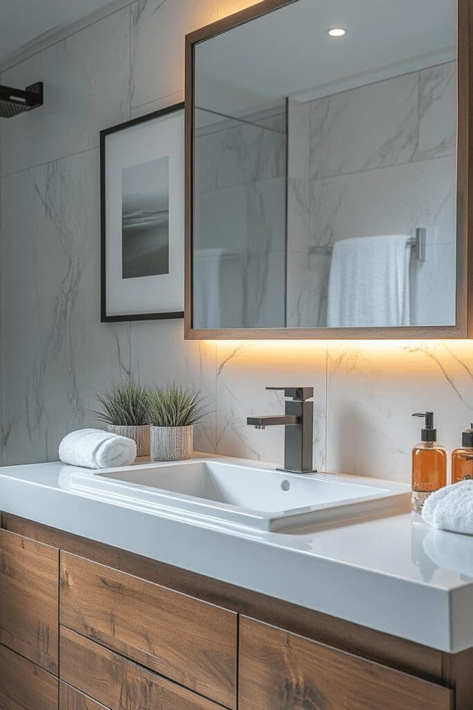 LED lighted vanity mirror providing bright and even lighting for a modern bathroom.