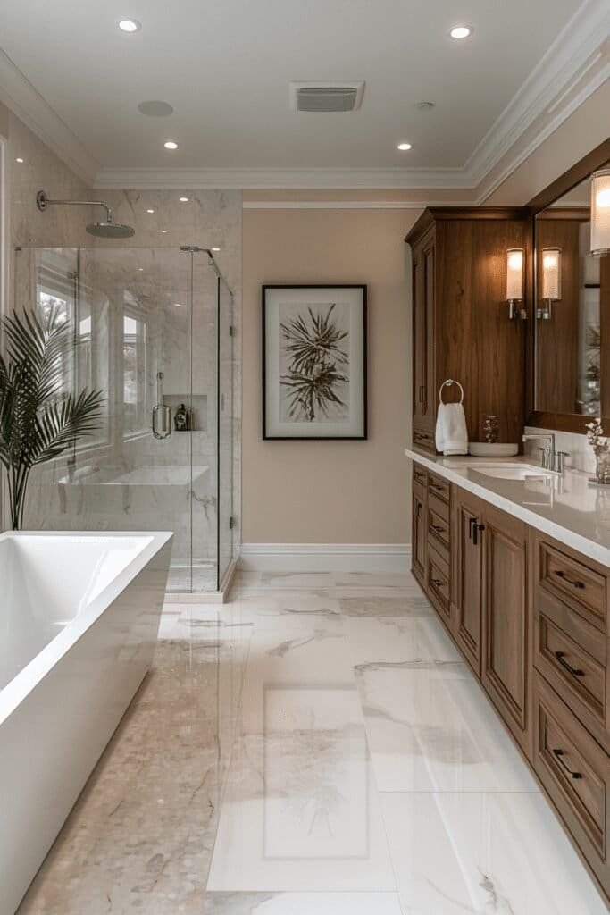 Luxury bathroom remodel with high-end materials, a freestanding tub, and custom cabinetry.