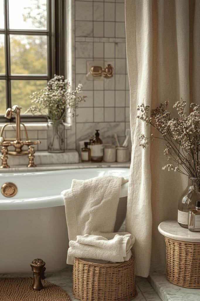 Luxury linen shower curtains for an upscale, elegant bathroom.