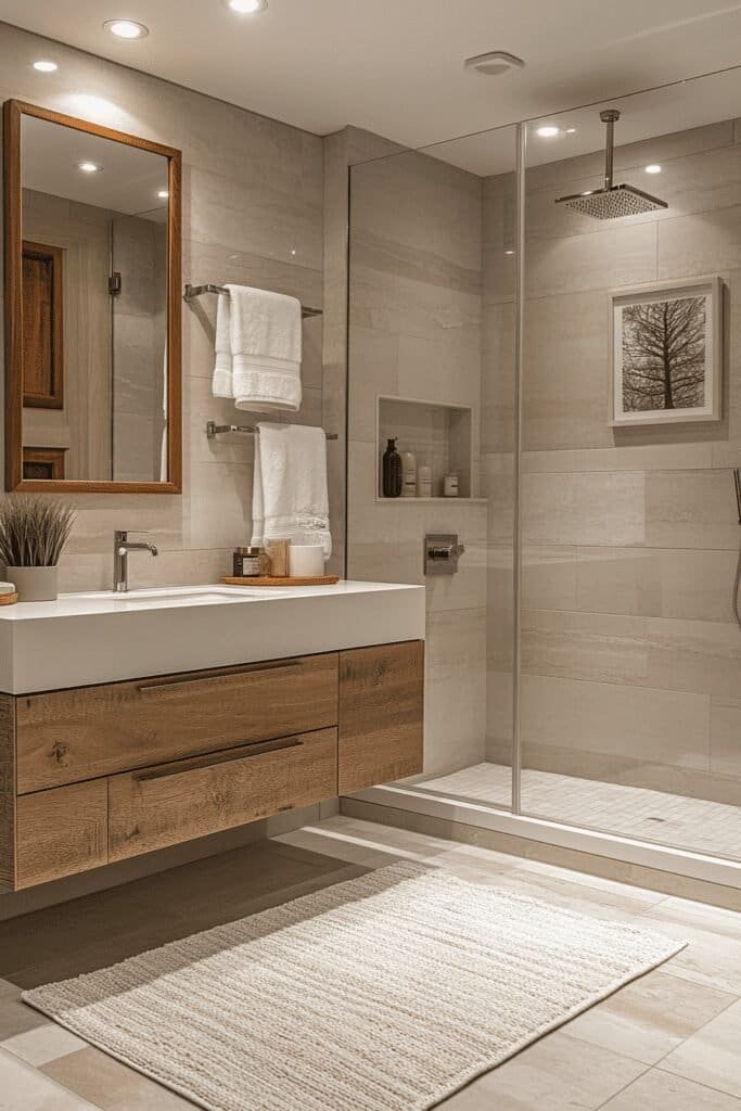 Minimalist small bathroom themes with floating vanity, clean lines, and neutral tones.