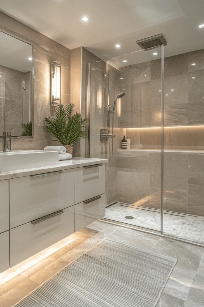 Modern bathroom remodel by expert bathroom remodel contractors featuring high-end fixtures, sleek design, and premium materials.