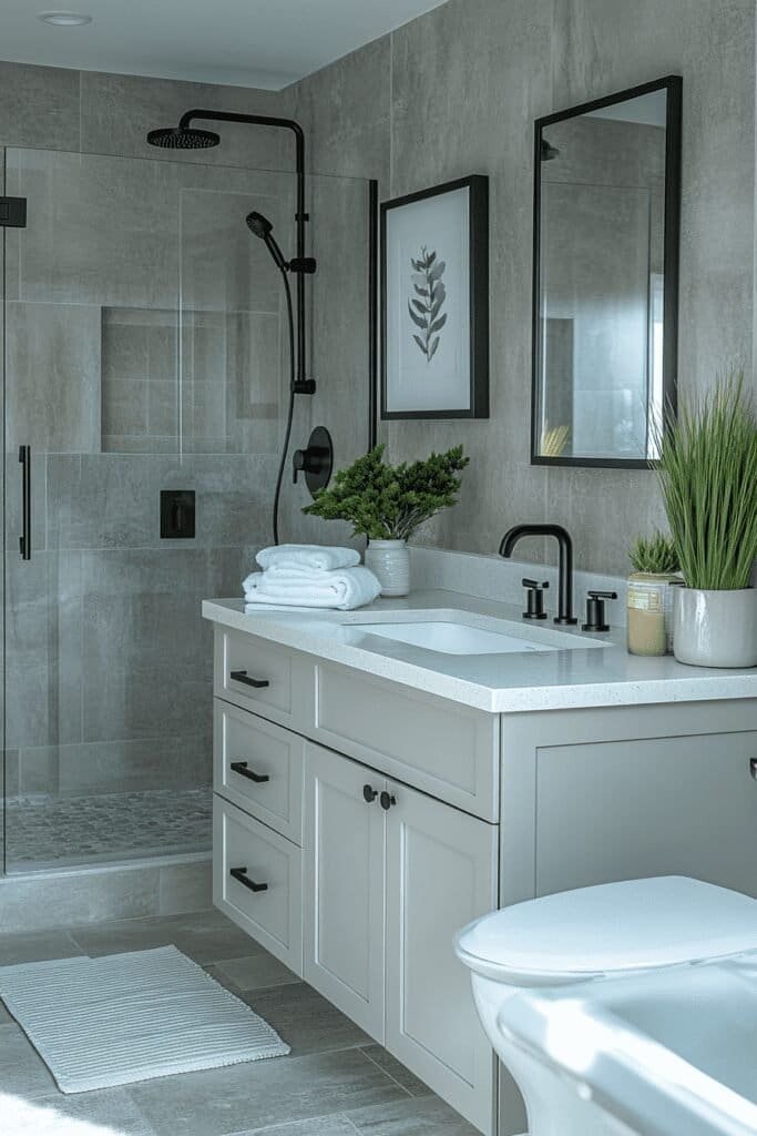 Modern bathroom themes ideas featuring sleek fixtures, neutral tones, and minimalist decor.