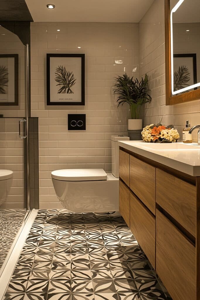 Modern small bathroom themes with sleek fixtures, geometric patterns, and bold lighting.