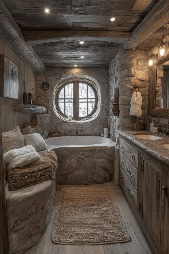 Rustic bathroom themes with wood accents, stone sinks, and vintage fixtures.