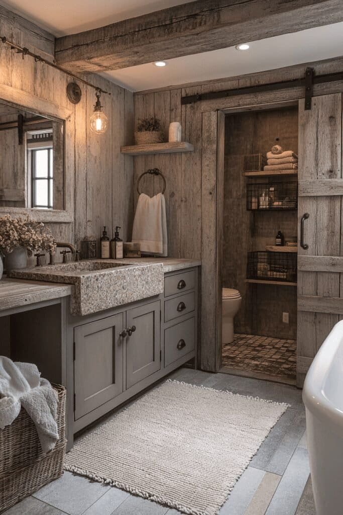 Rustic small bathroom themes with wood accents, stone sink, and vintage fixtures.