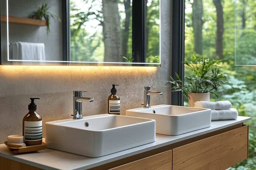 Smart vanity mirror with integrated lighting and Bluetooth technology in a high-tech bathroom.