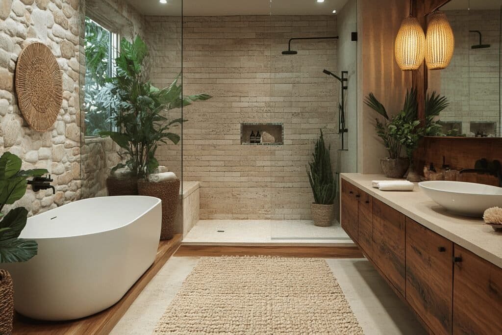 Spa-inspired bathroom design with natural stone, a rain shower, and calming color tones.