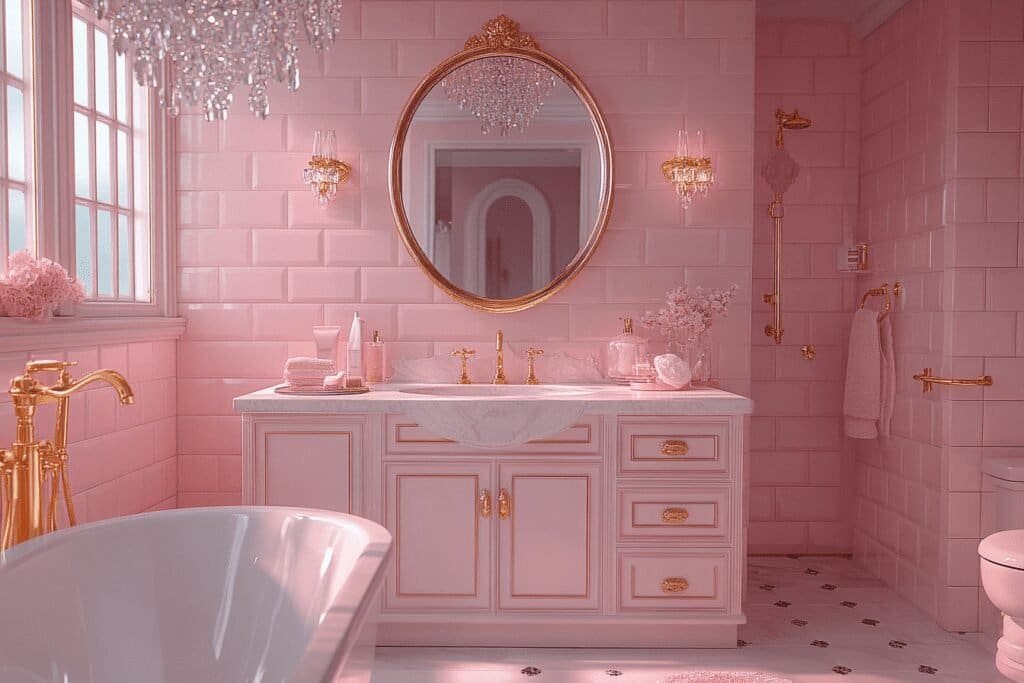 A fun Barbie-inspired pink bathroom, perfect for creative and inspirational bathroom themes