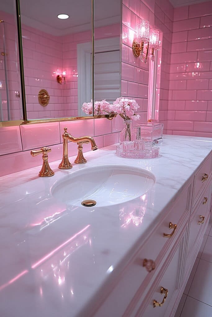 Barbie-themed bathroom with pink tiles and glamorous gold accents