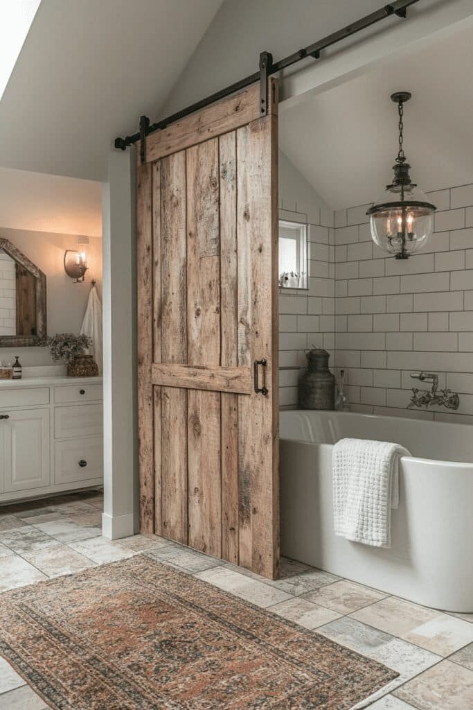 Farmhouse bathroom with a sliding barn door and wood paneling.