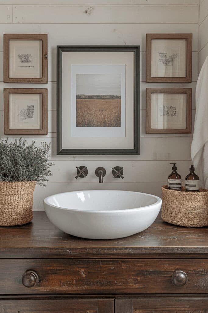 Elegant gallery wall with framed prints in a luxury bathroom setting