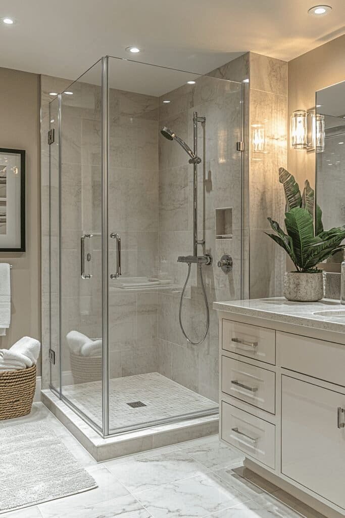 Newly remodeled bathroom with glass shower doors showcasing how to clean shower glass doors after a remodel