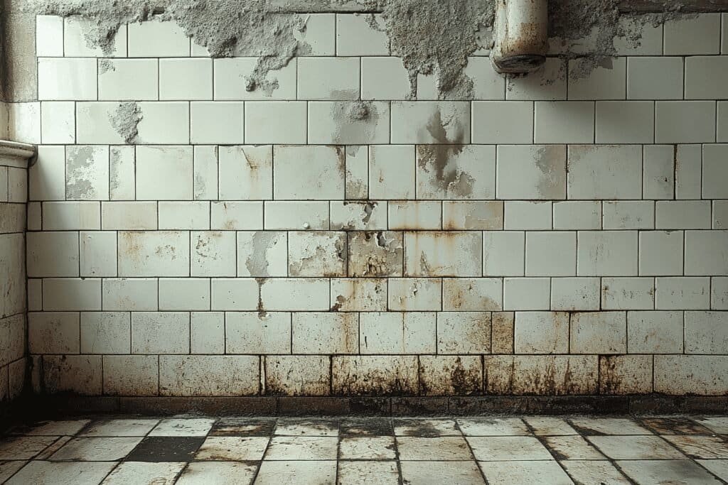 Shower tile wall with extensive mold growth covering grout and tiles