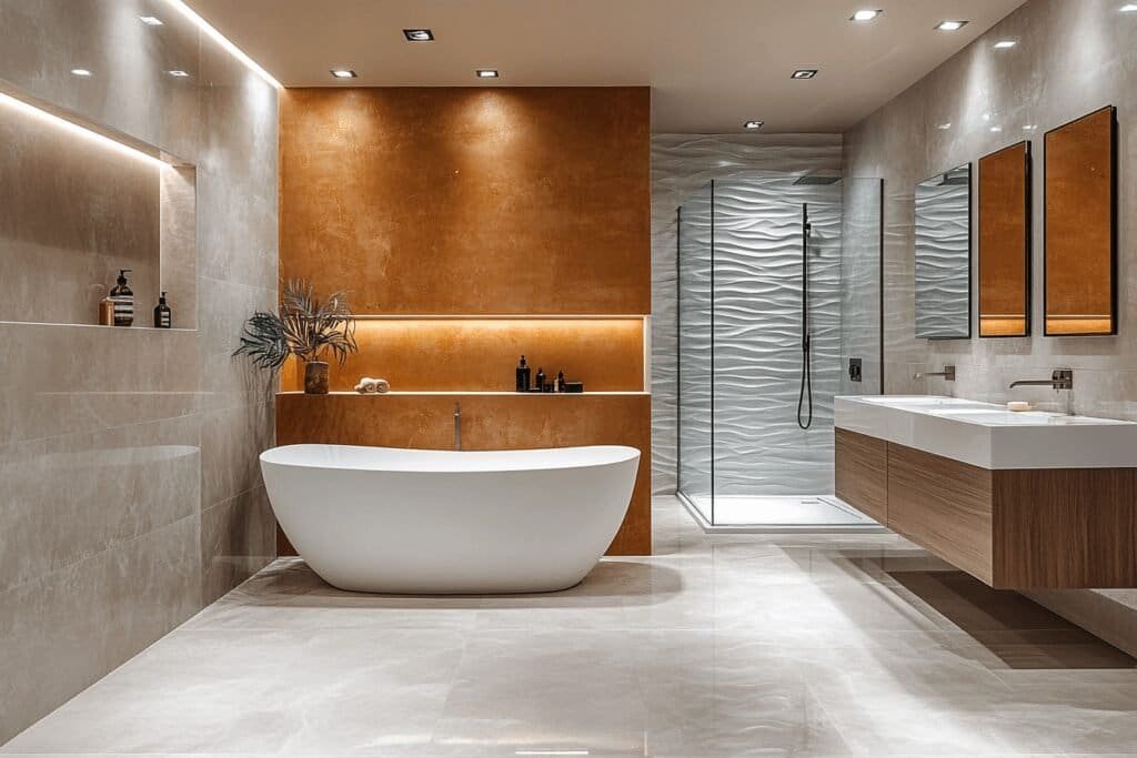 Modern bathroom design featuring a freestanding tub, walk-in shower with frameless glass, and elegant fixtures.