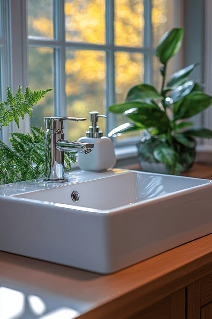 Newly installed modern bathroom fixtures including a sink and faucet, showcasing a luxury bathroom renovation upgrade.