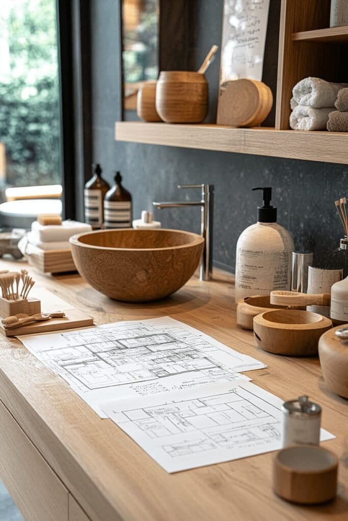 Bathroom renovation planning with a blueprint and design layout on a table, showing project preparation for a bathroom remodel.