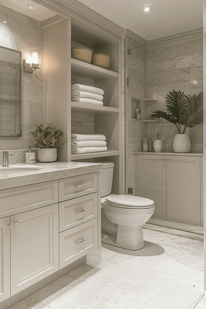 Bathroom with smart storage solutions including floating shelves and built-in cabinets for optimizing space during a bathroom remodel.