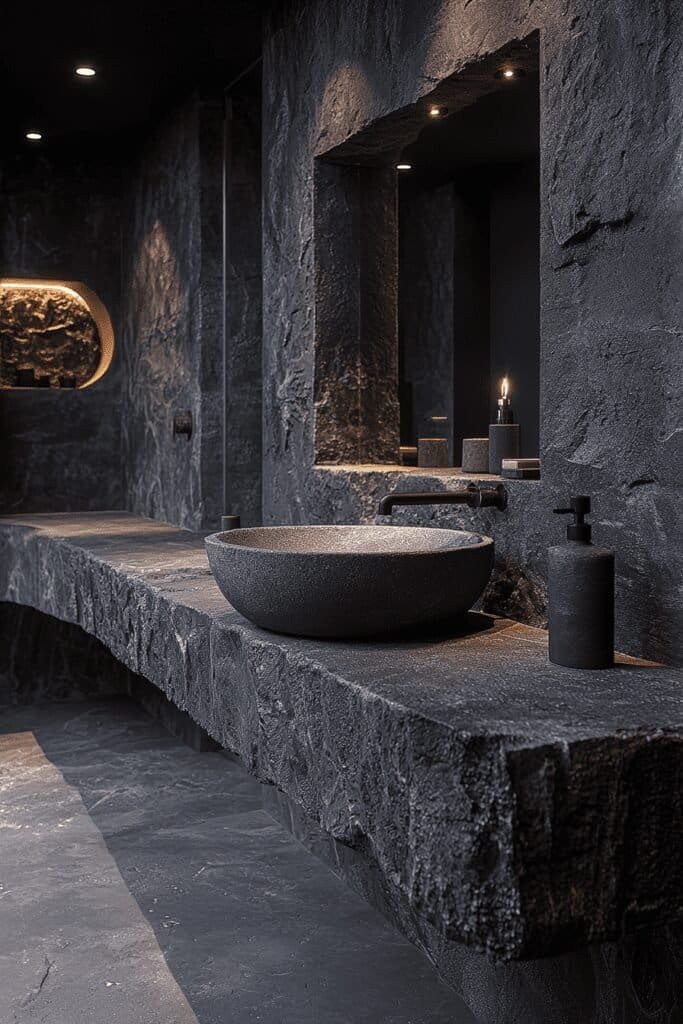 A dramatic Batman-themed bathroom with dark tones, a bold choice in inspirational bathroom design