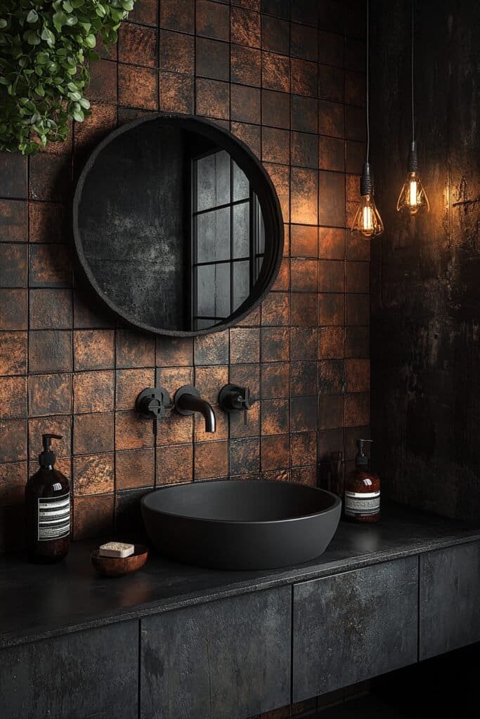 Dark-themed bathroom with industrial decor inspired by Batman