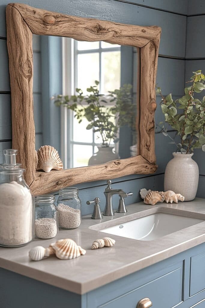 Beach-themed bathroom vanity featuring coastal decor and soft blue tones.