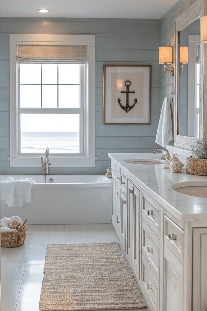 Bathroom themes featuring nautical decor with seashells and soft blue tones.