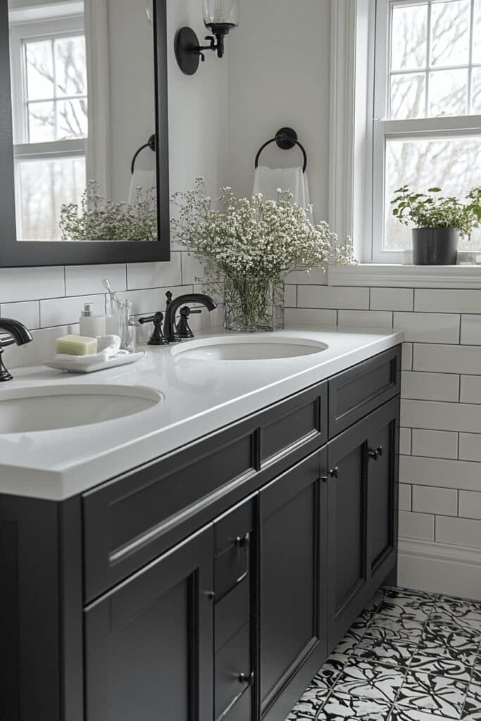 Elegant black and white bathroom showcasing timeless bathroom color ideas with geometric tiles and sleek fixtures.