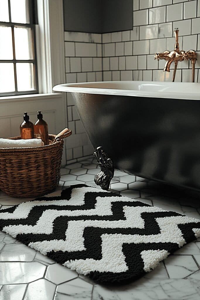 Black and white geometric pattern bath mat for a stylish bathroom design