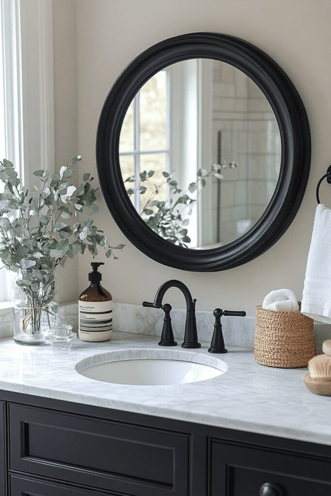 Black framed round mirror for a modern black and white bathroom