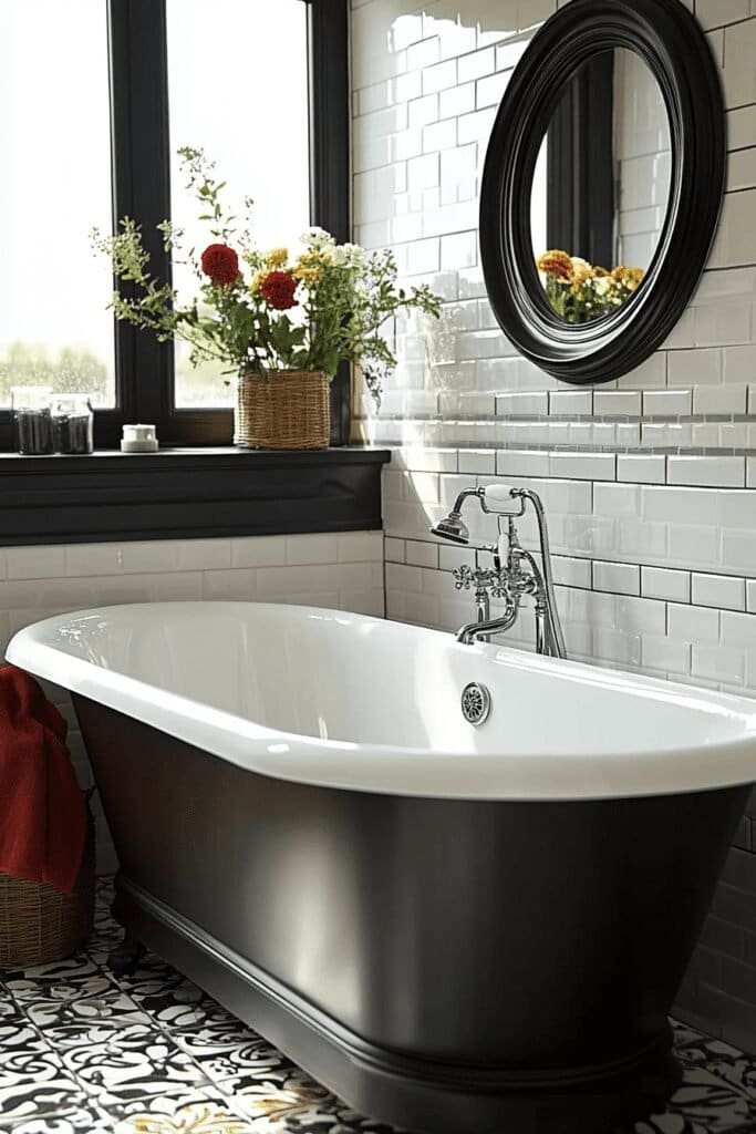 Elegant black and white bathroom with geometric tiles and sleek fixtures.