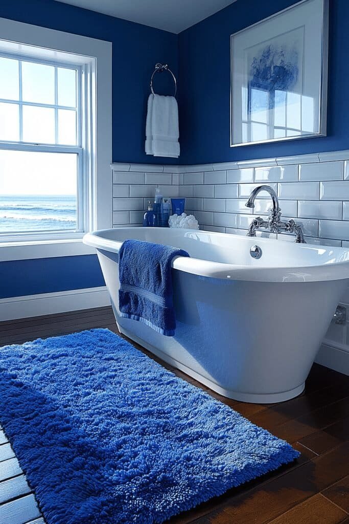 Bold blue bathroom featuring refreshing bathroom color ideas with navy walls and white tiles.