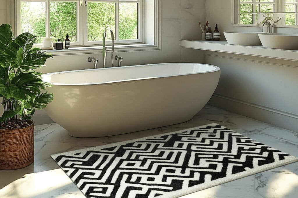 Bold geometric patterned rug in a modern bathroom