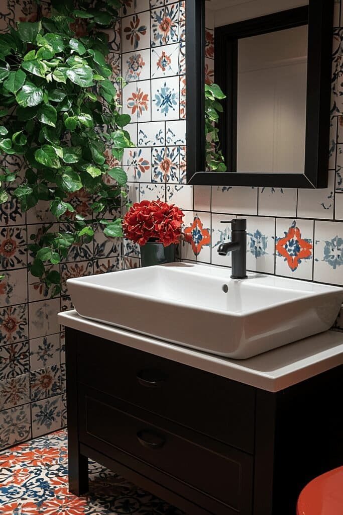 Small bathroom remodel with bold patterned tiles and compact vanity.