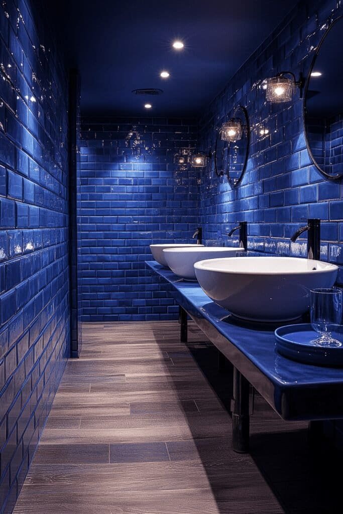 Bold blue bathroom featuring navy walls and white tiles for contrast.